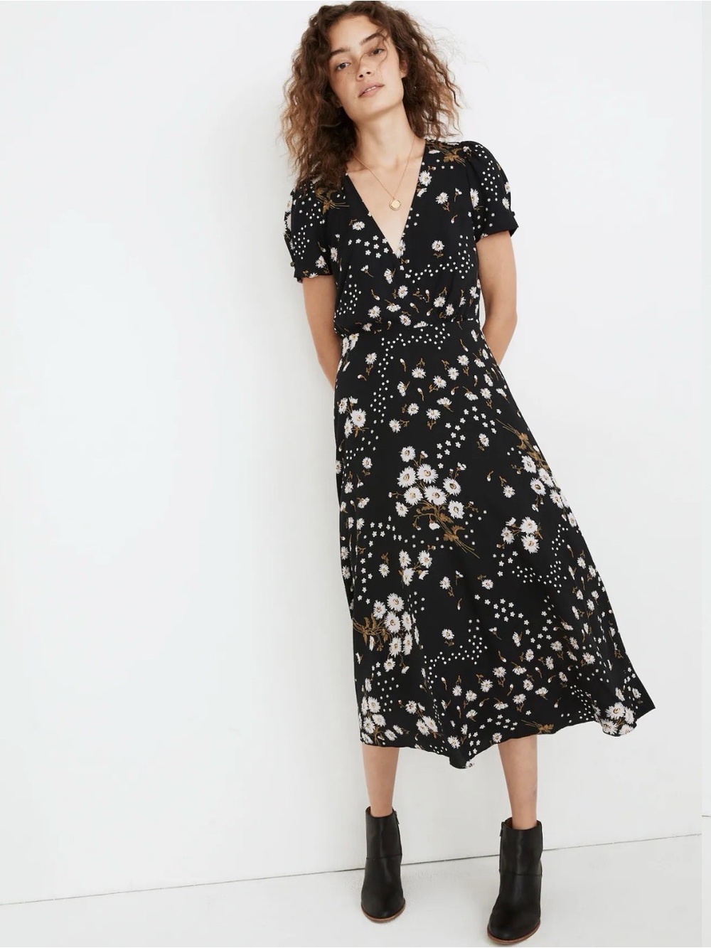 Madewell Puff-Sleeve Wrap-Front Midi Dress Polka Daisies Size 6